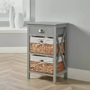 Image of Dartmouth - Grey Bedside Wooden Storage Unit 2 Drawer Chest Water Hyacinth Basket Organiser - Grey