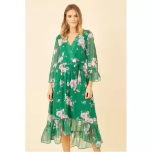 Image of Yumi Green Floral Wrap Dress With Dipped Hem - Green