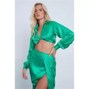 Image of I Saw It First Emerald Green Satin Twist Front Long Sleeve Cropped Blouse - Green