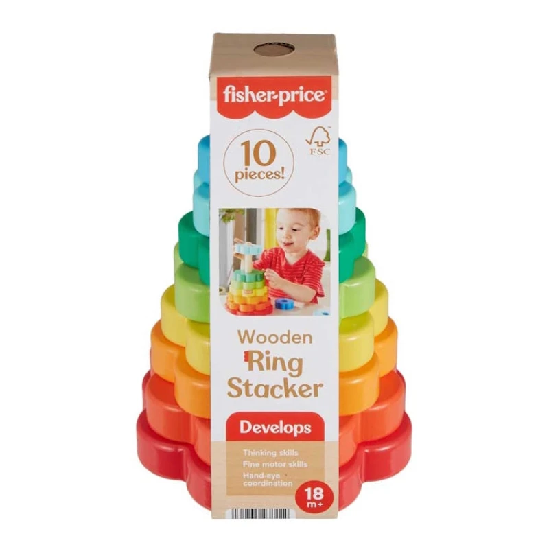 Image of Fisher-Price Fisher-Price Wooden Ring Stacker Fine Motor Toy 10 Pieces