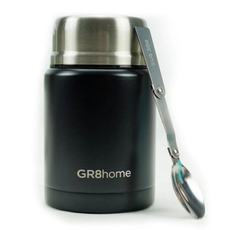 Image of Gr8 Home Stainless Steel Insulated Vacuum Food Flask With Spoon Black unisex