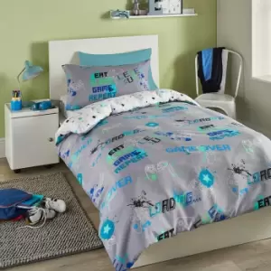 Image of Kids Game Glow In The Dark Print Reversible Duvet Cover Set, Grey, Double - Bedlam
