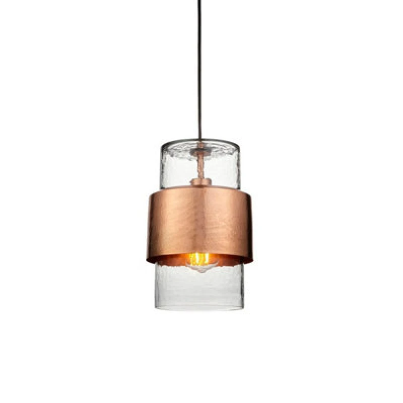 Image of Palermo Slim Pendant Ceiling Light Hammered Copper Plate, Textured Clear Glass