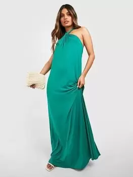 Image of Boohoo Halterneck Twist Detail Maxi Dress - Green, Size 8, Women