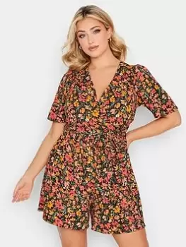 Image of Yours Wrap Water Colour Floral Playsuit, Orange, Size 26-28, Women