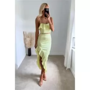Image of I Saw It First Lime Green Satin Frill Dip Hem Midi Skirt Co-Ord - Green