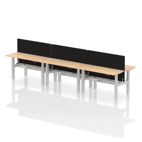 Image of Air Air Back-to-Back 1400 x 600mm Height Adjustable 6 Person Bench Desk Maple Top with Cable Ports Silver Frame with Black Straight Screen HASCP6P146