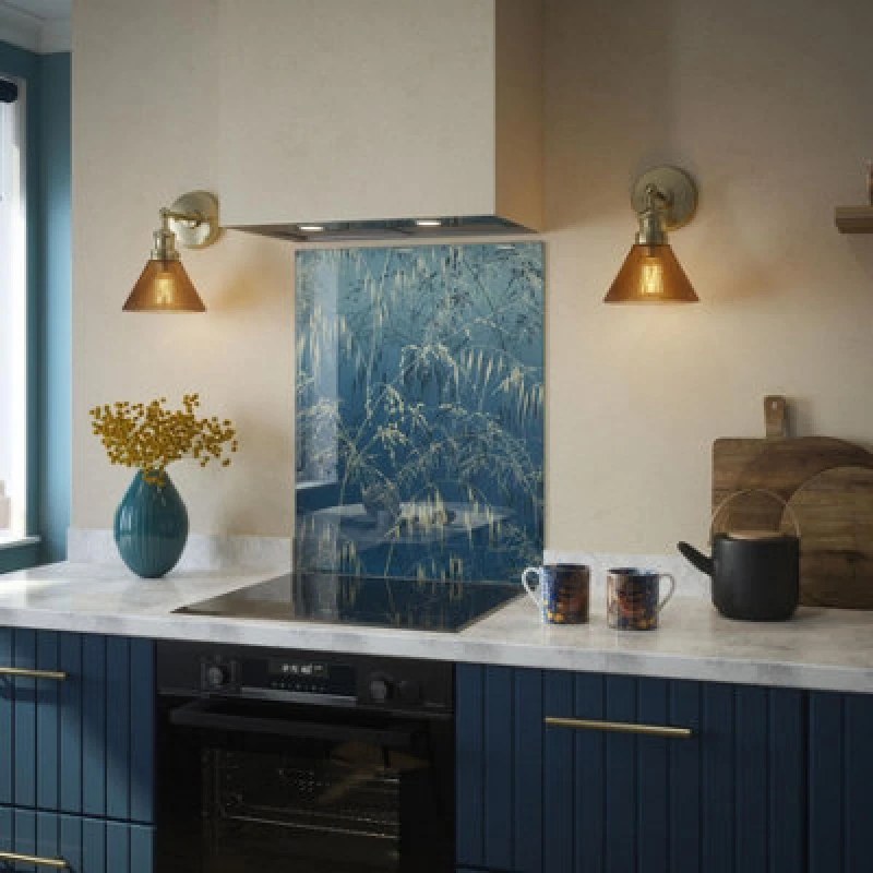 Image of Clarissa Hulse Self Adhesive Kitchen Splashback Meadow Grass Blue Toughened Glass (W) 600 X (L) 750mm
