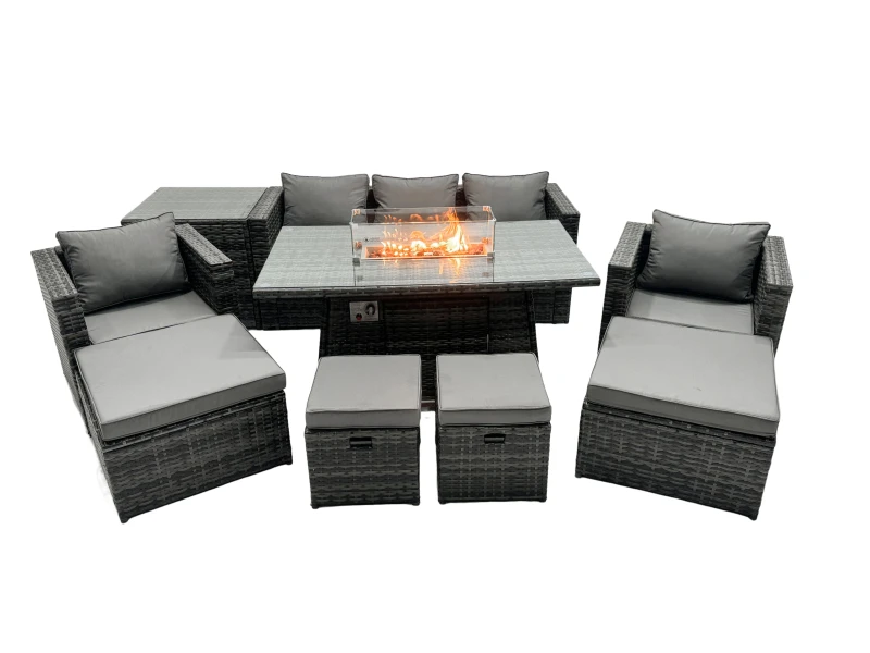 Image of Fimous Rattan Garden Furniture Firepit Dining Set 9 Seater Lounge Sofa Table Set with side table 4 Footstool Dark Grey