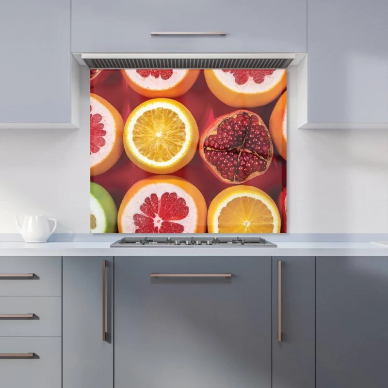 Image of Warren Reed - Designer Citrus & Pomegranate Kitchen Splashback in Red Size: 600mm x 750mm Red Unisex 600mm x 750mm