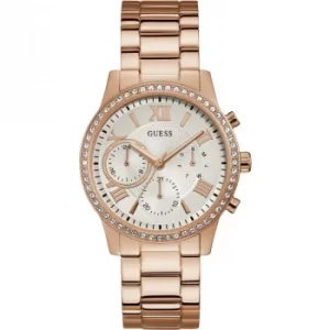 Image of GUESS Ladies rose watch with crystals and white dial.