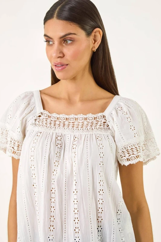 Image of Roman Womens Broderie Lace Detail Top in Ivory Size: 10 Ivory Female 10