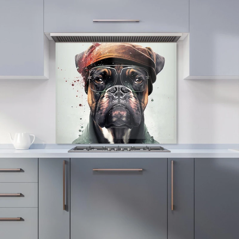 Image of Warren Reed - Designer Boxer Dog With Hat Splashart Kitchen Splashback Size: 700mm x 650mm Multicolor Unisex 700mm x 650mm