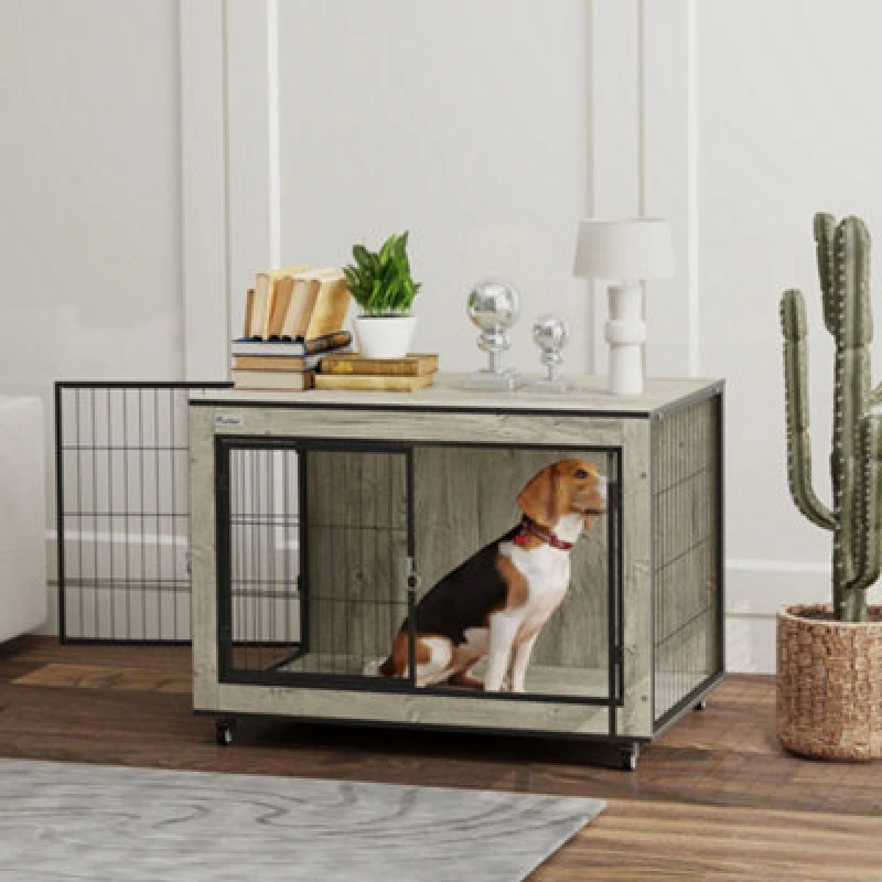 Image of PawHut Dog Crate Furniture on Wheels, for Medium Dogs, 80 x 56 x 62.5cm, Grey D02-214V00GY