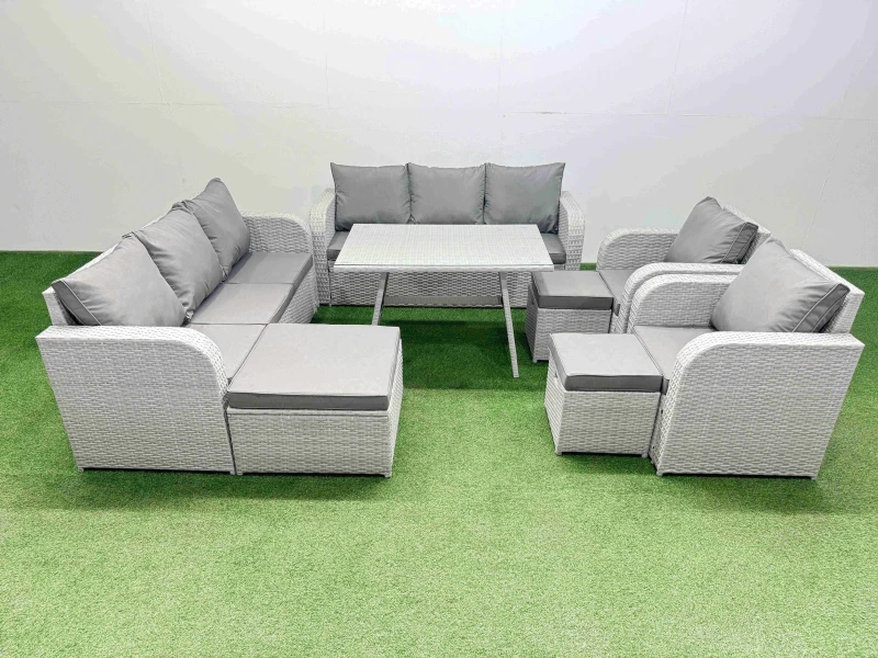 Image of Fimous Rattan High Back Lounge Sofa Set with Reclining Chairs 3 Stool in Light Grey Light Grey Unisex