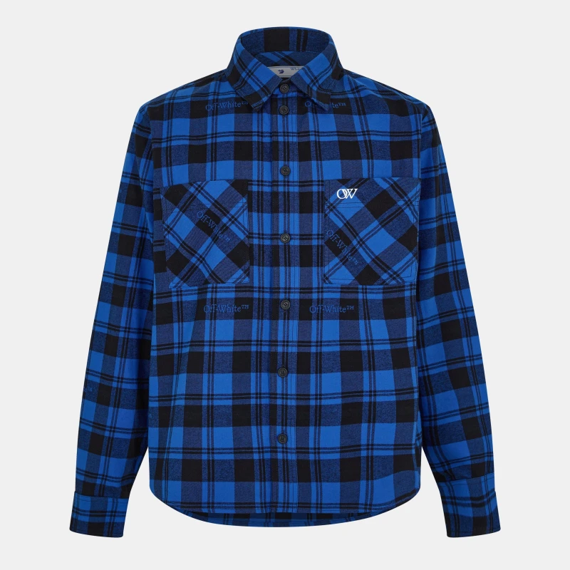 Image of Off White Mens Arrow Plaid Cotton Long Sleeve Embroidered Shirt Blue/Black male XS
