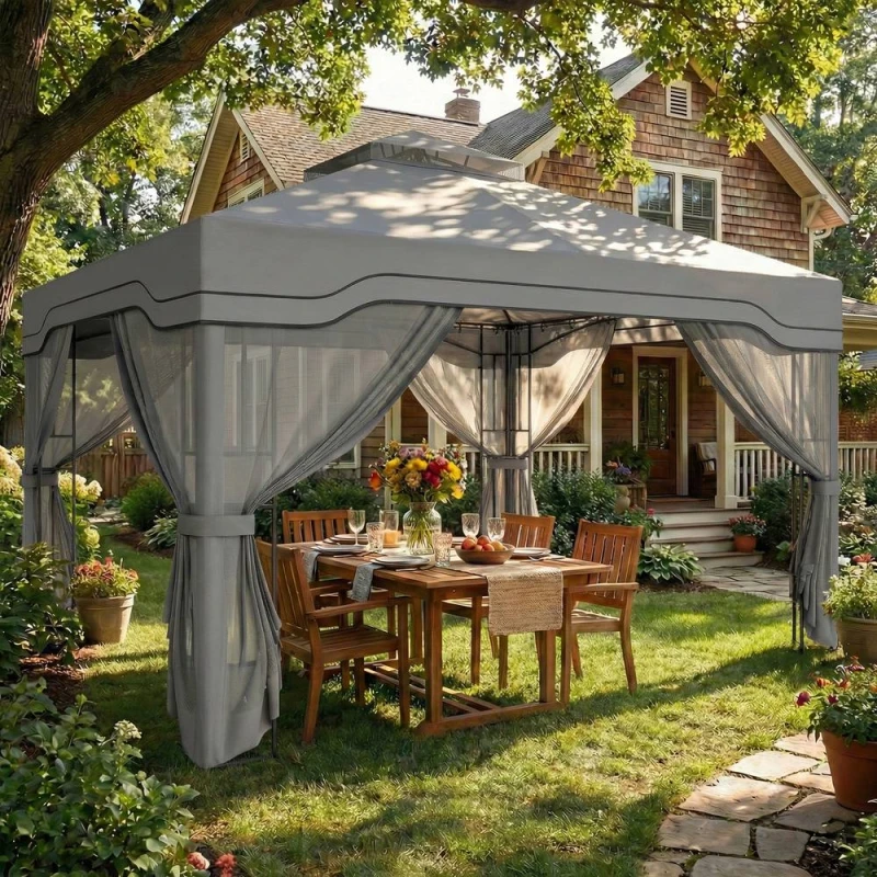 Image of OUTSUNNY 3 x 3.6 m Garden Gazebo with Shelves, UPF50+ Permanent Gazebo in Dark Grey Size: 3m x 4m Dark Grey Unisex 3m x 4m