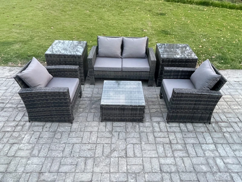 Image of Fimous Outdoor Lounge Sofa Set Wicker PE Rattan Garden Furniture Set with Armchair Squar Coffee Table 2 Side Tables in Dark Grey Dark Grey Unisex