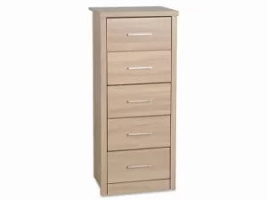 Image of Seconique Lisbon Light Oak Effect 5 Drawer Tall Narrow Chest of Drawers Flat Packed
