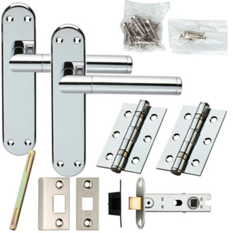 Image of Loops Door Handle & Latch Pack Chrome Round Straight Bar Lever Backplate 180 x 40mm Multi