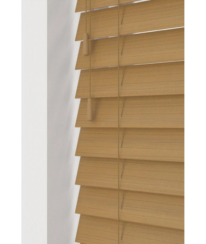 Image of New Edge Blinds Sahara Oak 50mm Fine Grain Slatted Faux Wood Venetian Blinds with Strings 120cm Drop in Camel Size: 190cm width x 130cm drop Camel
