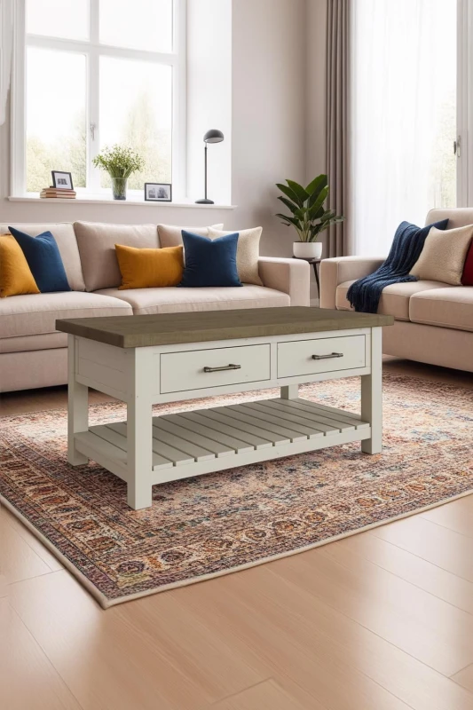 Image of FWStyle FWStyle Solid Pine Coffee Table 2 Drawer Handmade in Brown Brown One Size Unisex 5056413124395