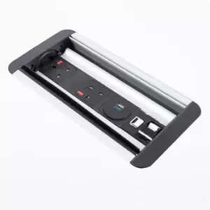 Image of Eclipse in-table rollover power module 2 x UK sockets and 1 x TUF (A&C connectors) USB charger and 1 x RJ45 vsocket and 1 x HDMI socket - black/silver
