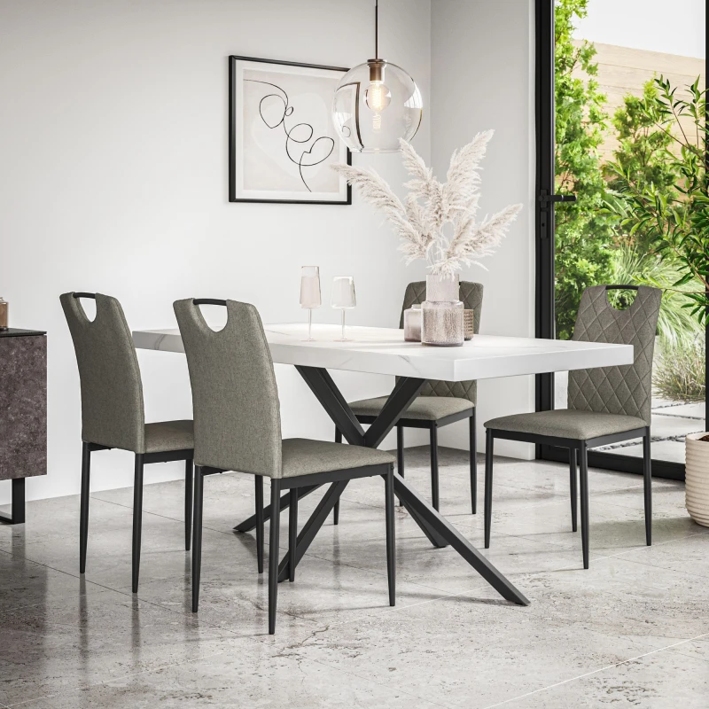 Image of More4Homes Donni Dining Table And Chairs - White Marble Effect Table Top W Black Legs + Monza Linen Dining Chair Set Of 6 (Grey)