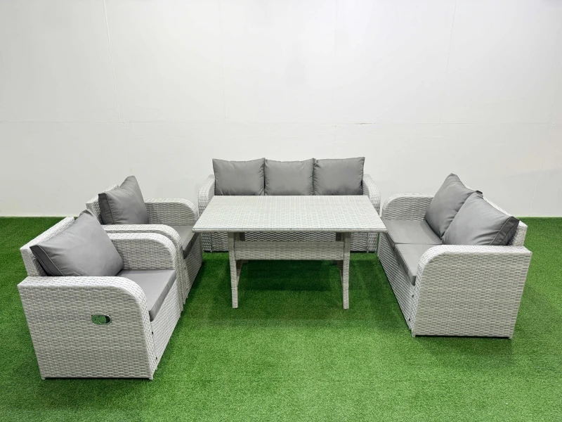 Image of Fimous PE Rattan Garden Furniture Set Reclining Chair Sofa Double Love Seat 2 Seater Sofa Lounge Set Rectangular Dining Table Light Grey Light Grey