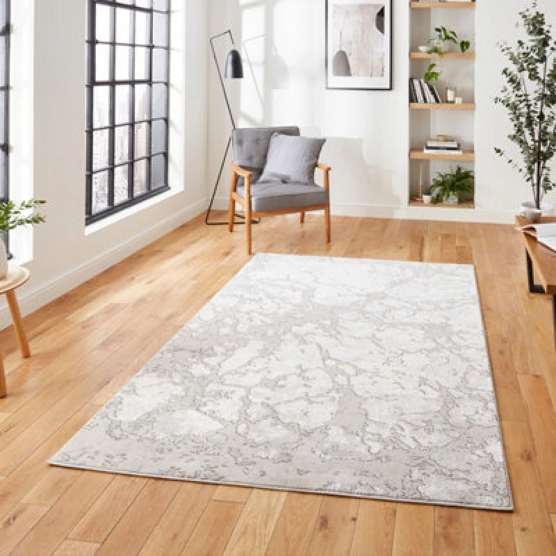 Image of Grey Ivory Abstract Modern Easy To Clean Rug For Dining Room-120Cm X 170Cm