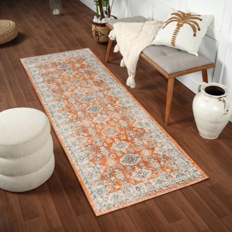 Image of Livabliss Machine Washable Oriental Boho Burnt Orange Avni Runner Rug 80 X 220 Cm - Easy Care, Ideal For Hallway Or Beside The Bed