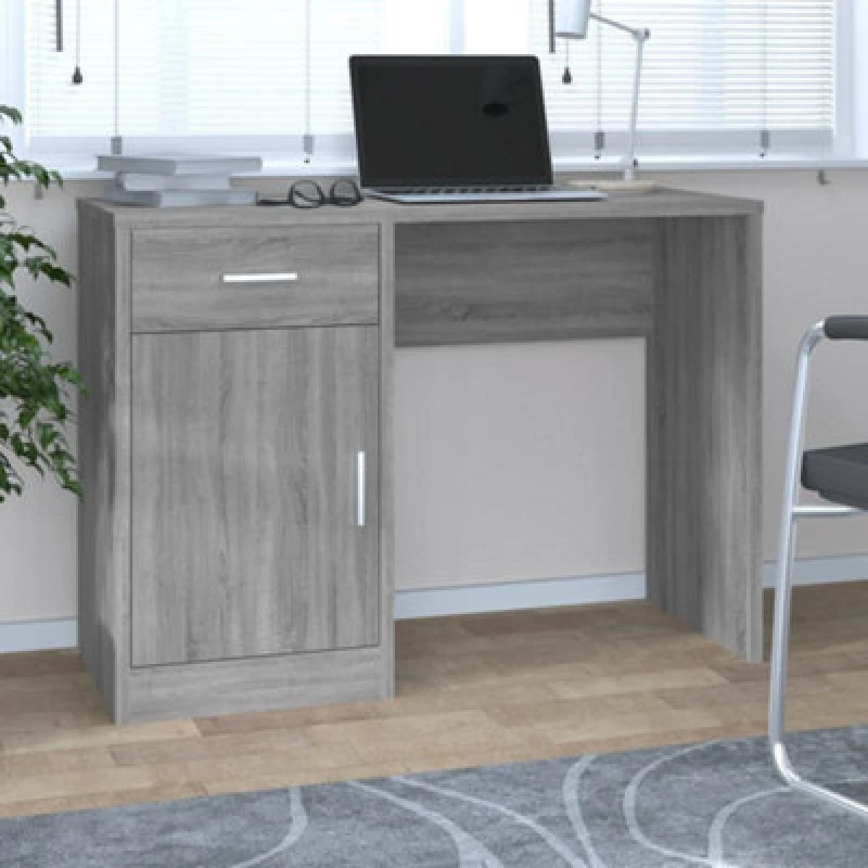 Image of vidaXL Desk With Drawer&cabinet Grey Sonoma 100x40x73cm Engineered Wood, Grey 342657