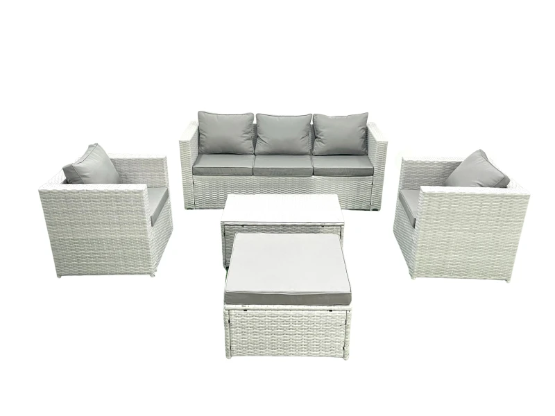 Image of Fimous Rattan Garden Furniture Set with 3 Seater Sofa 2 Chair Rectangular Coffee Table Big Footstool Light Grey Mixed 6 Seater Light Grey