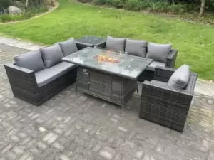 Image of Fimous 7 Seater Outdoor Dark Grey Rattan Lounge Complete Sofa Set with Gas Fire Pit Dining Table and Heater
