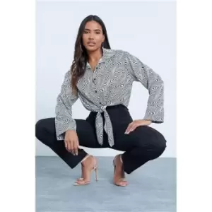 Image of I Saw It First Satin Abstract Print Knot Front Shirt - Black