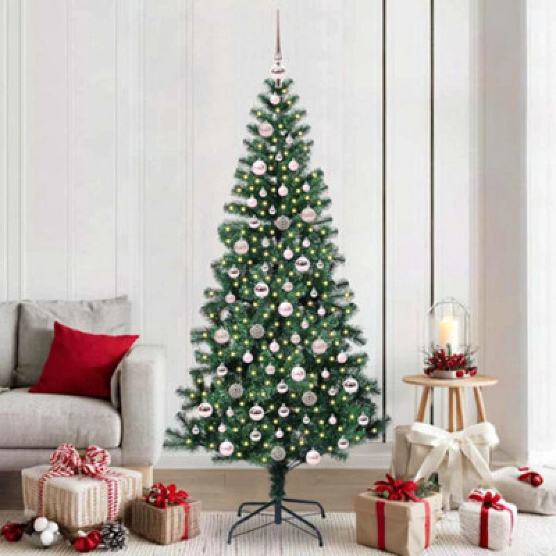 Image of vidaXL Artificial Pre-lit Christmas Tree with Pink Balls Green 210cm PVC and Metal, Green 3396777