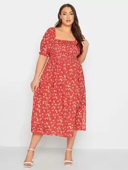 Image of Yours Shirred Maxi Dress Red Daisy, Red, Size 20, Women