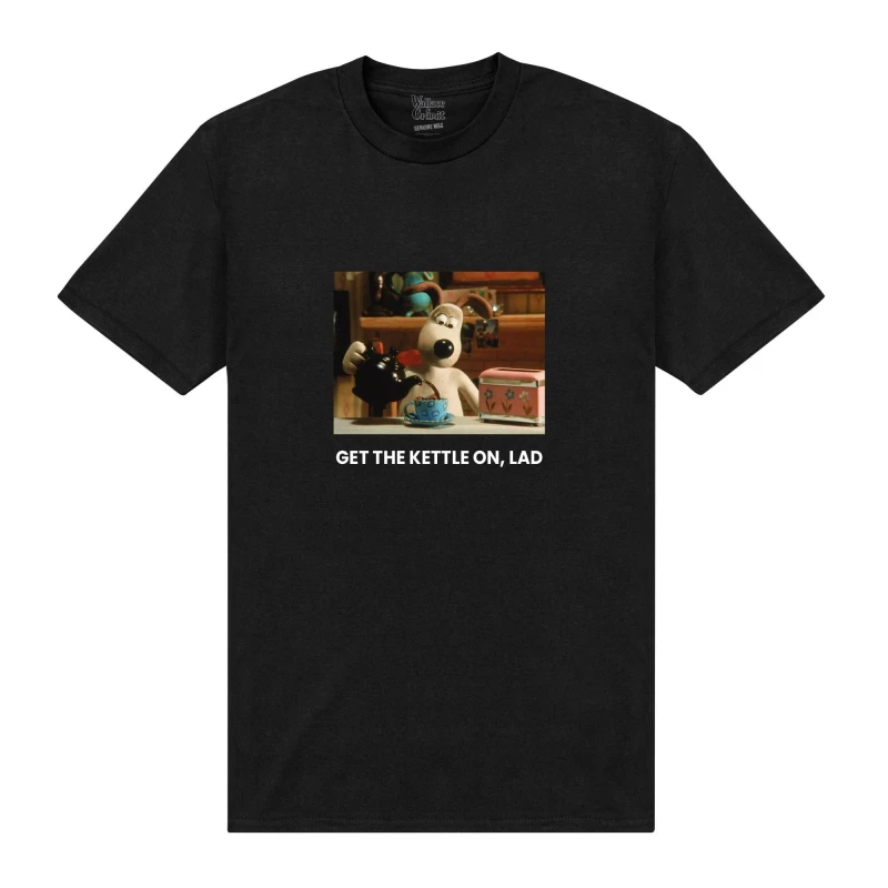 Image of Wallace & Gromit Mens Get The Kettle On Lad Gromit T-Shirt in Black Size: Small Black Male S
