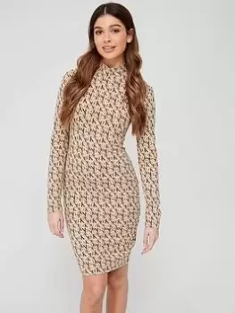 Image of Calvin Klein Jeans CK Monogram Logo Long Sleeve Dress - Brown, Print, Size L, Women