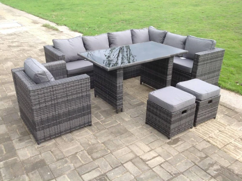 Image of Fimous 8 Seater Outdoor Lounge Rattan Corner Sofa Set Garden Furniture Rectangular Dining Table Chair Dark Grey