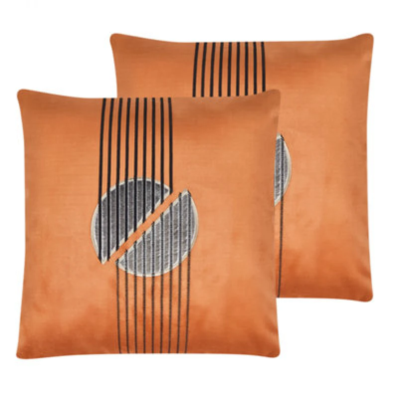Image of Beliani Set Of 2 Decorative Cushions Ceropegia Velvet 45 X 45cm Orange Geometric Pattern