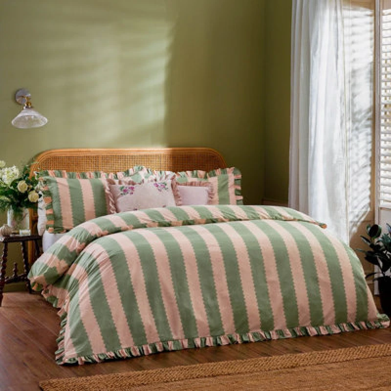 Image of Wylder Nature Wylder Birdie Stripe Ruffle Single Duvet Cover Set Pink/Green, Pink 5025532851611.00