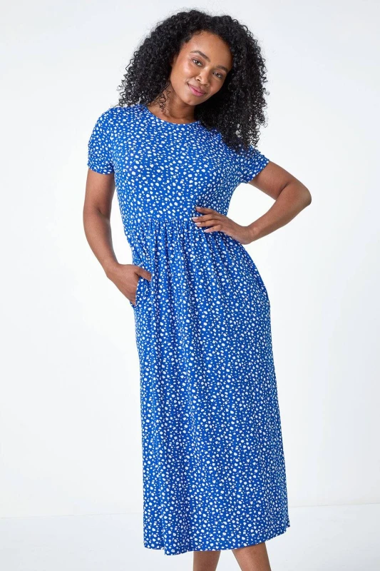 Image of Roman Womens Petite Spot Print Stretch Midi Dress in Royal Size: 10 Royal Female 10