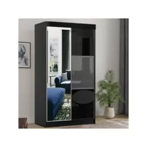 Image of Manhattan High Gloss 2 Sliding Door Wardrobe with Mirror and Drawers 120cm - Black