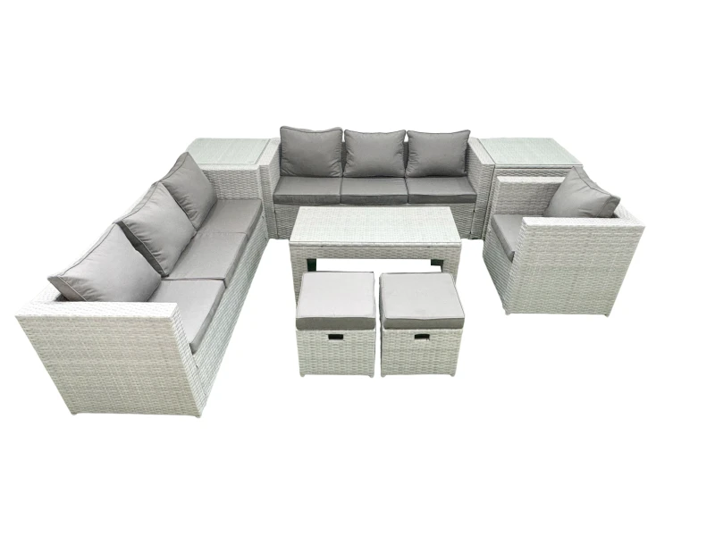 Image of Fimous Wicker PE Rattan Sofa Garden Furniture Set with Oblong Coffee Table Armchair 2 Small Footstools 2 Side Tables Light Grey Mixed Light Grey