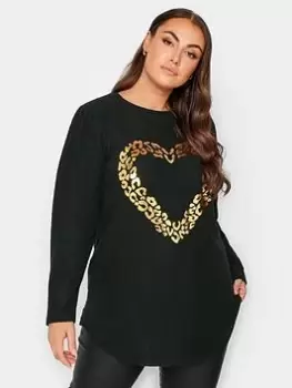 Image of Yours Yours Foil Leopard Heart Top, Black, Size 16, Women