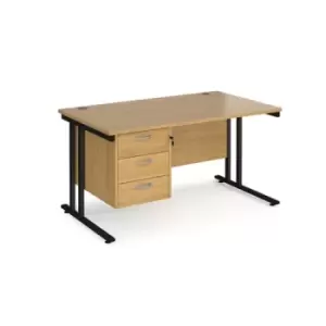 Image of Office Desk Rectangular Desk 1400mm With Pedestal Oak Top With Black Frame 800mm Depth Maestro 25 MC14P3KO
