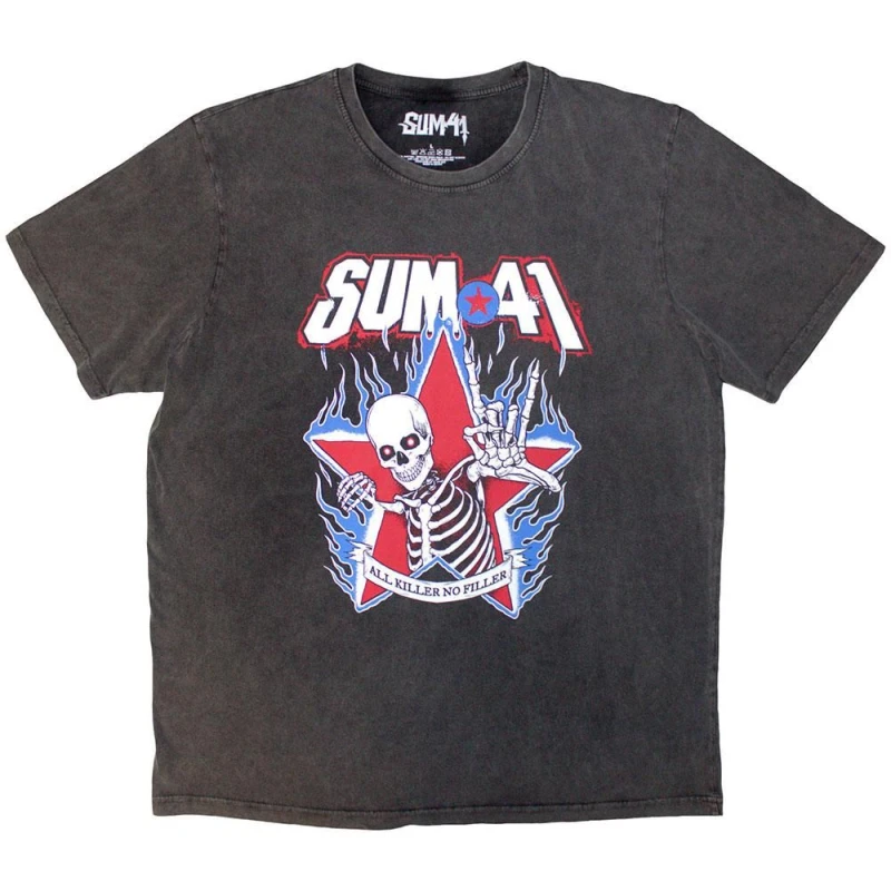 Image of Sum 41 Mens All Killer No Filler Skeleton Stone Wash T-Shirt in Charcoal Size: Large Charcoal Male L