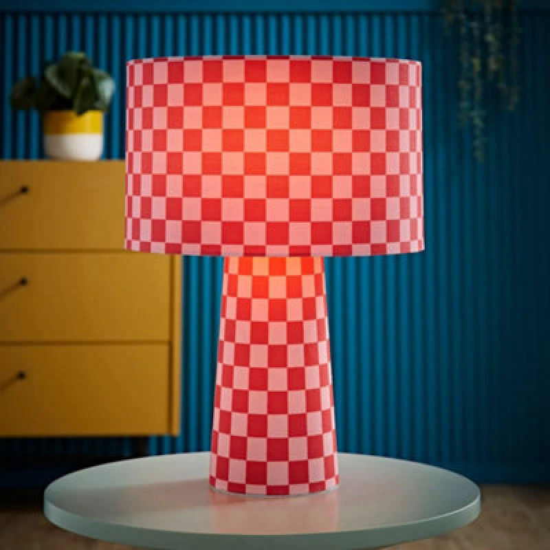 Image of ValueLights ValueLights Pritchard Pink Checkerboard Drum Shade Full Fabric Table Lamp in Bright Pink Bright Pink One Size Unisex 5016529271659