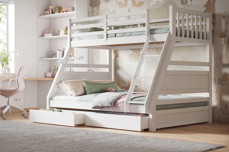 Image of Flair Ollie Wooden Triple Bunk Bed with Drawers in White Size: Single White Unisex Single
